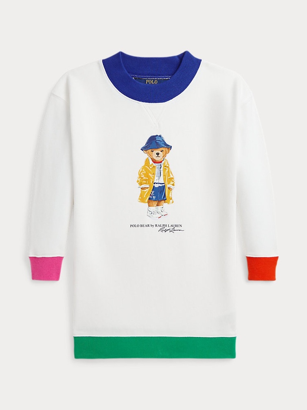 Ralph Lauren Kids White Sweatshirt with Multi-Color Trim & Bear Graphic